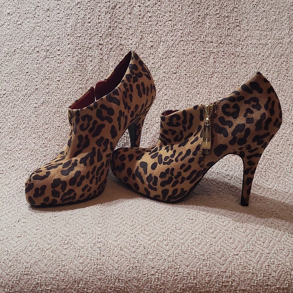 Christian Siriano Womens Leopard Print Ankle Boots Gold Zip Booties 8.5
